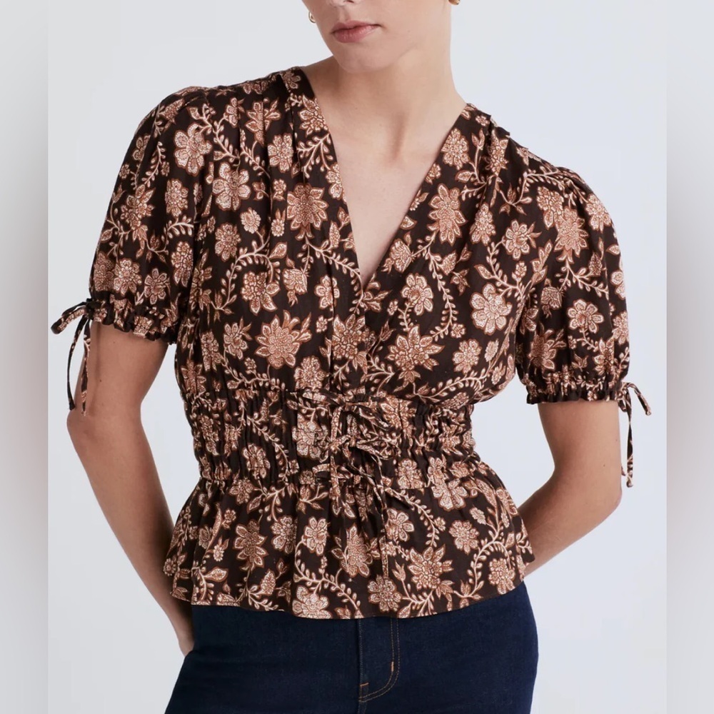 Derek Lam 10 Crosby Rhea Floral Puff-Sleeve V-Neck Top Brown Women’s Size 10 RTR